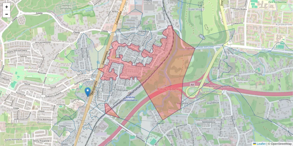 Szczegółowa mapa kodu pocztowego 30-433 z granicami, sąsiednimi kodami pocztowymi i urzędami pocztowymi