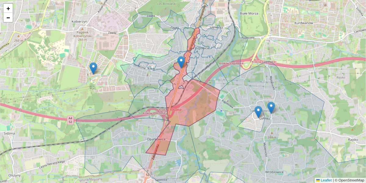 Szczegółowa mapa kodu pocztowego 30-435 z granicami, sąsiednimi kodami pocztowymi i urzędami pocztowymi