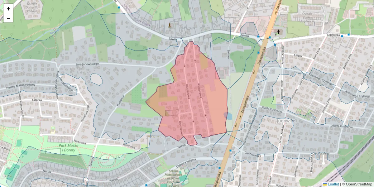 Szczegółowa mapa kodu pocztowego 30-439 z granicami, sąsiednimi kodami pocztowymi i urzędami pocztowymi