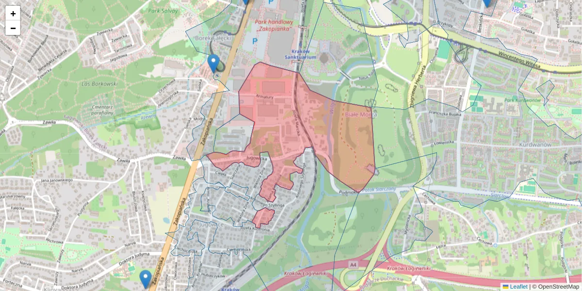 Szczegółowa mapa kodu pocztowego 30-443 z granicami, sąsiednimi kodami pocztowymi i urzędami pocztowymi