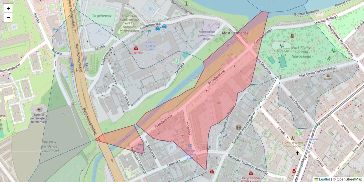 Szczegółowa mapa kodu pocztowego 30-502 z granicami, sąsiednimi kodami pocztowymi i urzędami pocztowymi