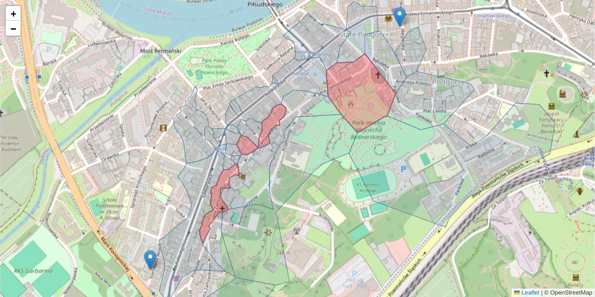 Szczegółowa mapa kodu pocztowego 30-519 z granicami, sąsiednimi kodami pocztowymi i urzędami pocztowymi