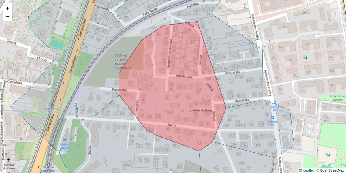 Szczegółowa mapa kodu pocztowego 30-602 z granicami, sąsiednimi kodami pocztowymi i urzędami pocztowymi