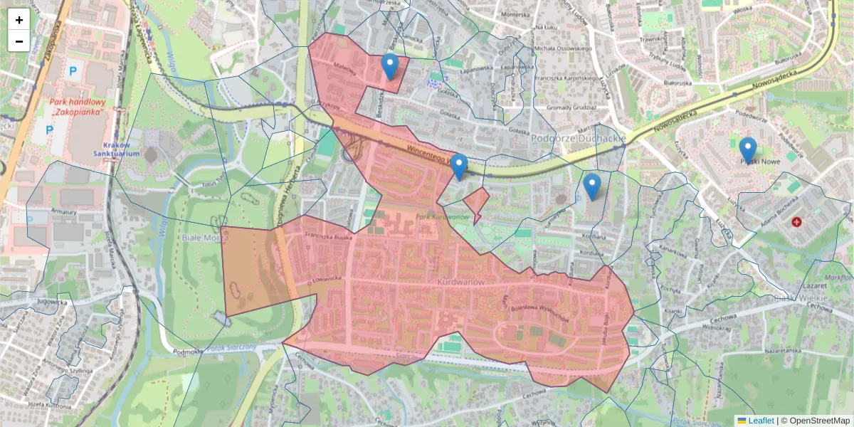 Szczegółowa mapa kodu pocztowego 30-611 z granicami, sąsiednimi kodami pocztowymi i urzędami pocztowymi