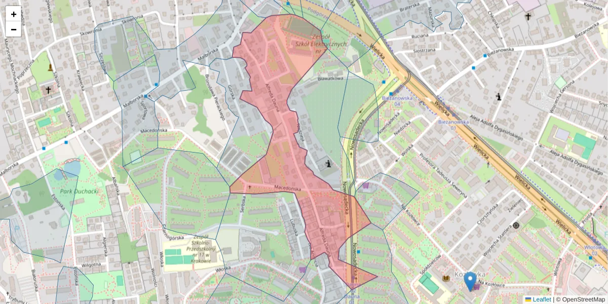 Szczegółowa mapa kodu pocztowego 30-629 z granicami, sąsiednimi kodami pocztowymi i urzędami pocztowymi