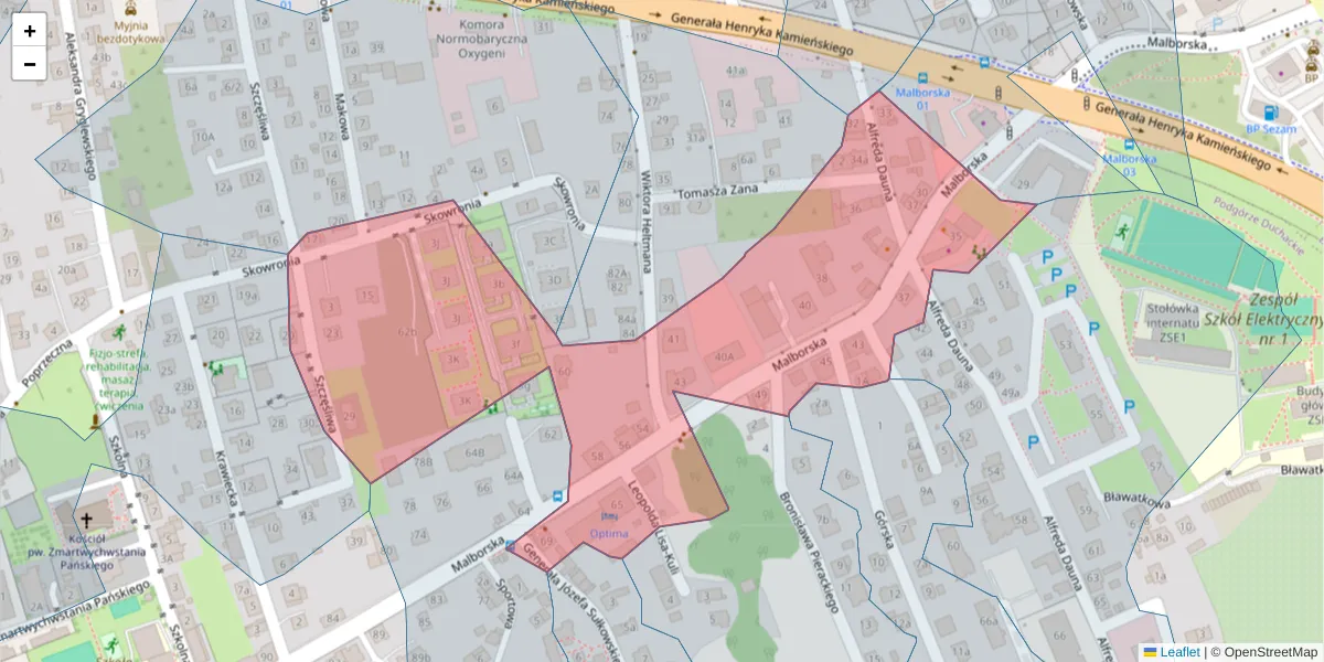 Szczegółowa mapa kodu pocztowego 30-646 z granicami, sąsiednimi kodami pocztowymi i urzędami pocztowymi