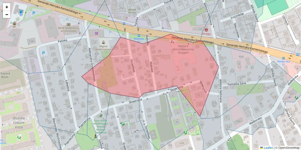 Szczegółowa mapa kodu pocztowego 30-650 z granicami, sąsiednimi kodami pocztowymi i urzędami pocztowymi