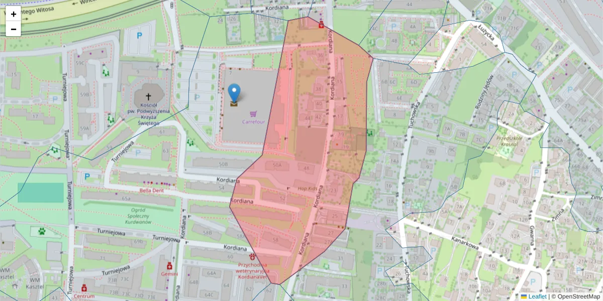 Szczegółowa mapa kodu pocztowego 30-653 z granicami, sąsiednimi kodami pocztowymi i urzędami pocztowymi
