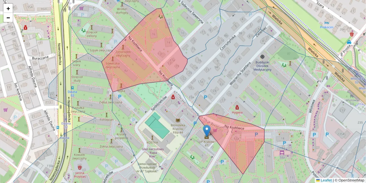 Szczegółowa mapa kodu pocztowego 30-664 z granicami, sąsiednimi kodami pocztowymi i urzędami pocztowymi