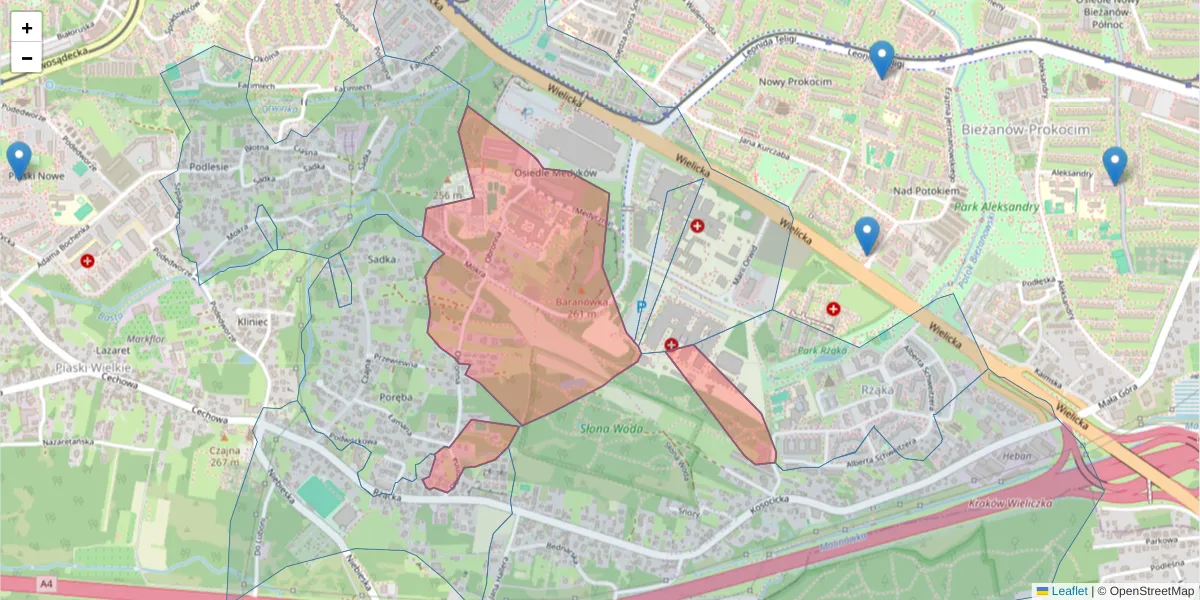 Szczegółowa mapa kodu pocztowego 30-688 z granicami, sąsiednimi kodami pocztowymi i urzędami pocztowymi