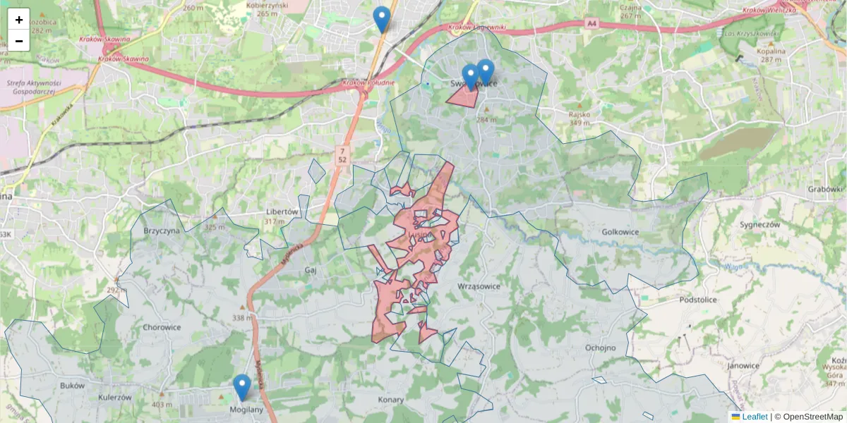 Szczegółowa mapa kodu pocztowego 30-697 z granicami, sąsiednimi kodami pocztowymi i urzędami pocztowymi