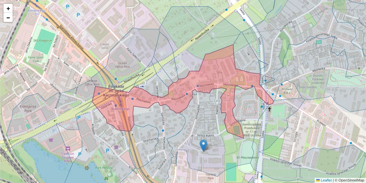 Szczegółowa mapa kodu pocztowego 30-713 z granicami, sąsiednimi kodami pocztowymi i urzędami pocztowymi