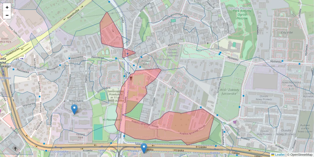 Szczegółowa mapa kodu pocztowego 30-715 z granicami, sąsiednimi kodami pocztowymi i urzędami pocztowymi