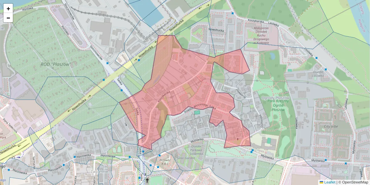 Szczegółowa mapa kodu pocztowego 30-717 z granicami, sąsiednimi kodami pocztowymi i urzędami pocztowymi
