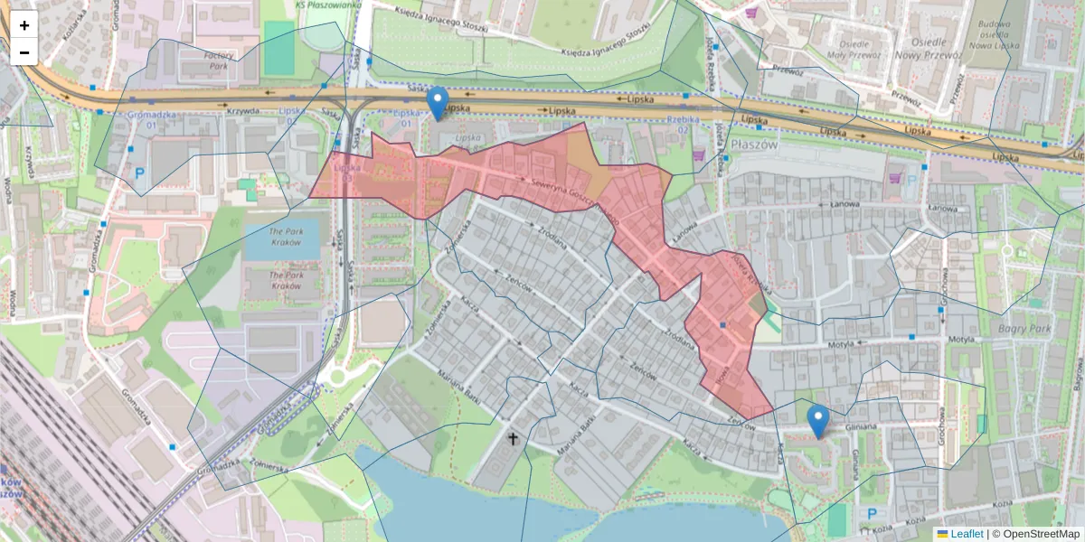 Szczegółowa mapa kodu pocztowego 30-724 z granicami, sąsiednimi kodami pocztowymi i urzędami pocztowymi