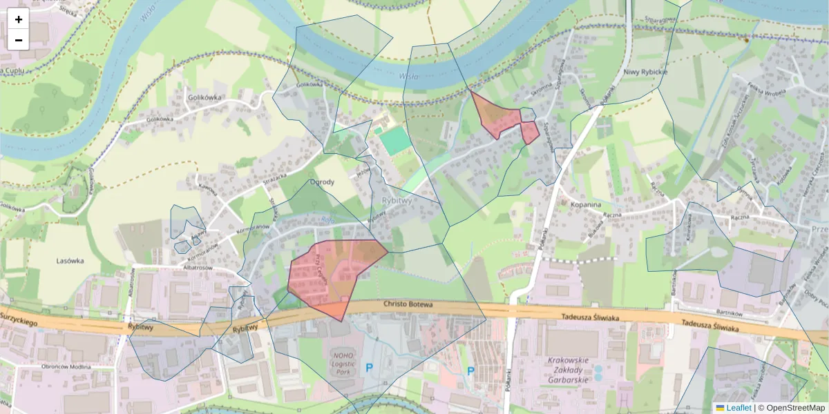Szczegółowa mapa kodu pocztowego 30-736 z granicami, sąsiednimi kodami pocztowymi i urzędami pocztowymi