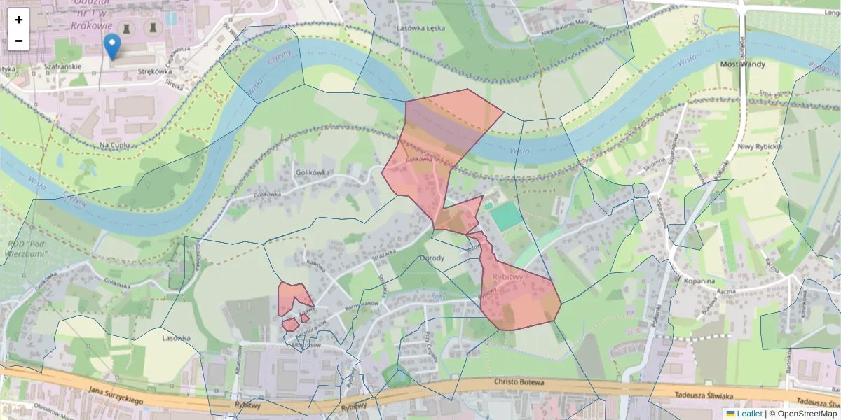 Szczegółowa mapa kodu pocztowego 30-738 z granicami, sąsiednimi kodami pocztowymi i urzędami pocztowymi