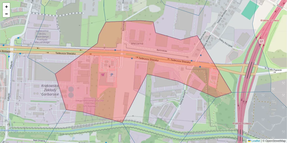 Szczegółowa mapa kodu pocztowego 30-797 z granicami, sąsiednimi kodami pocztowymi i urzędami pocztowymi