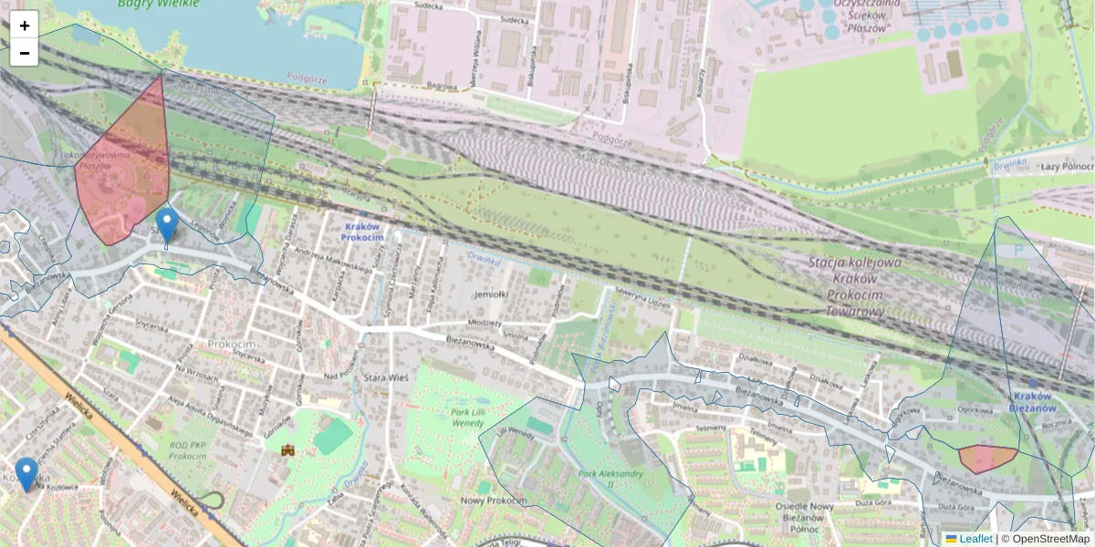 Szczegółowa mapa kodu pocztowego 30-805 z granicami, sąsiednimi kodami pocztowymi i urzędami pocztowymi