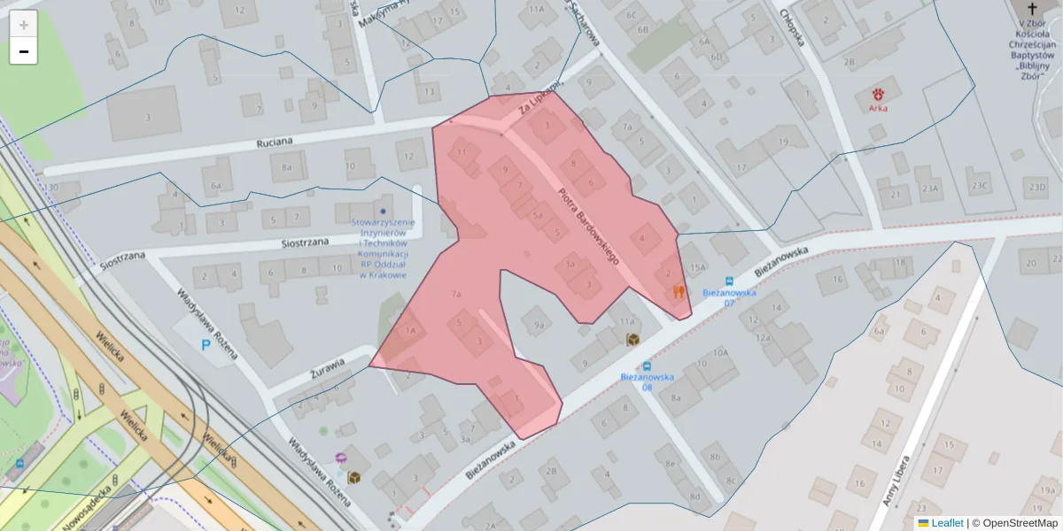 Szczegółowa mapa kodu pocztowego 30-807 z granicami, sąsiednimi kodami pocztowymi i urzędami pocztowymi