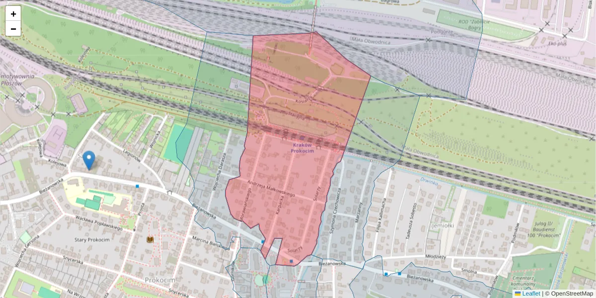 Szczegółowa mapa kodu pocztowego 30-827 z granicami, sąsiednimi kodami pocztowymi i urzędami pocztowymi