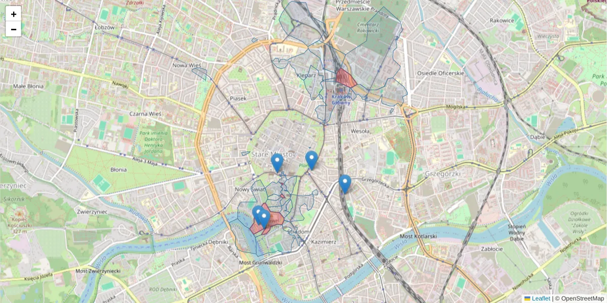 Szczegółowa mapa kodu pocztowego 31-001 z granicami, sąsiednimi kodami pocztowymi i urzędami pocztowymi