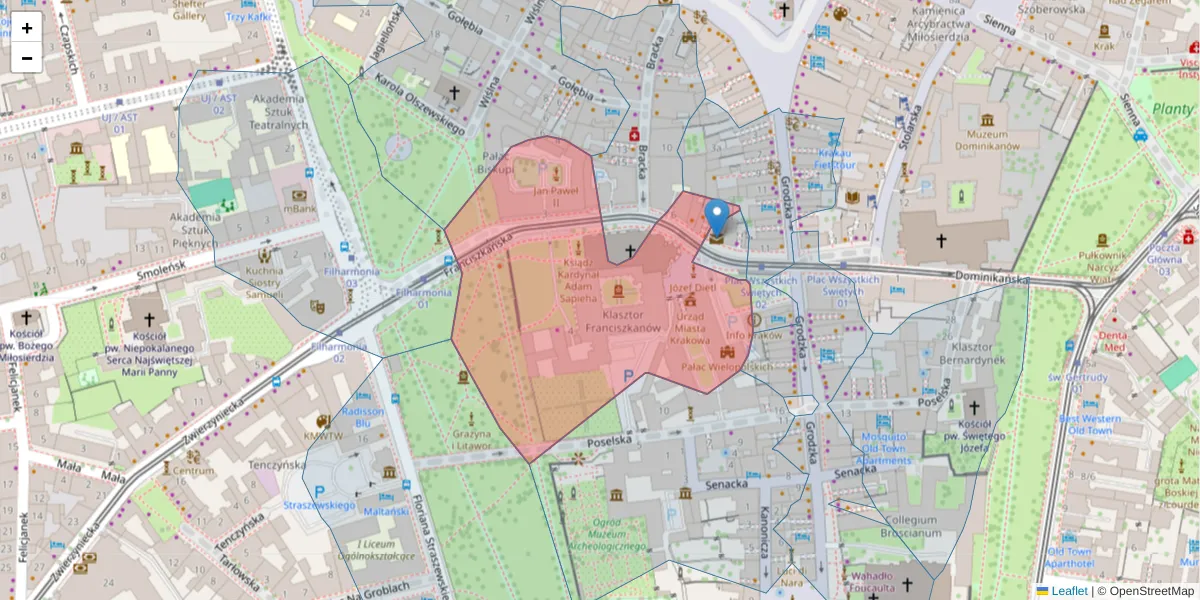 Szczegółowa mapa kodu pocztowego 31-004 z granicami, sąsiednimi kodami pocztowymi i urzędami pocztowymi