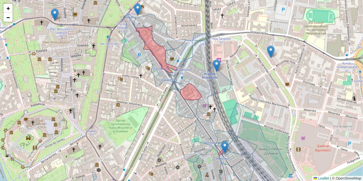 Szczegółowa mapa kodu pocztowego 31-032 z granicami, sąsiednimi kodami pocztowymi i urzędami pocztowymi