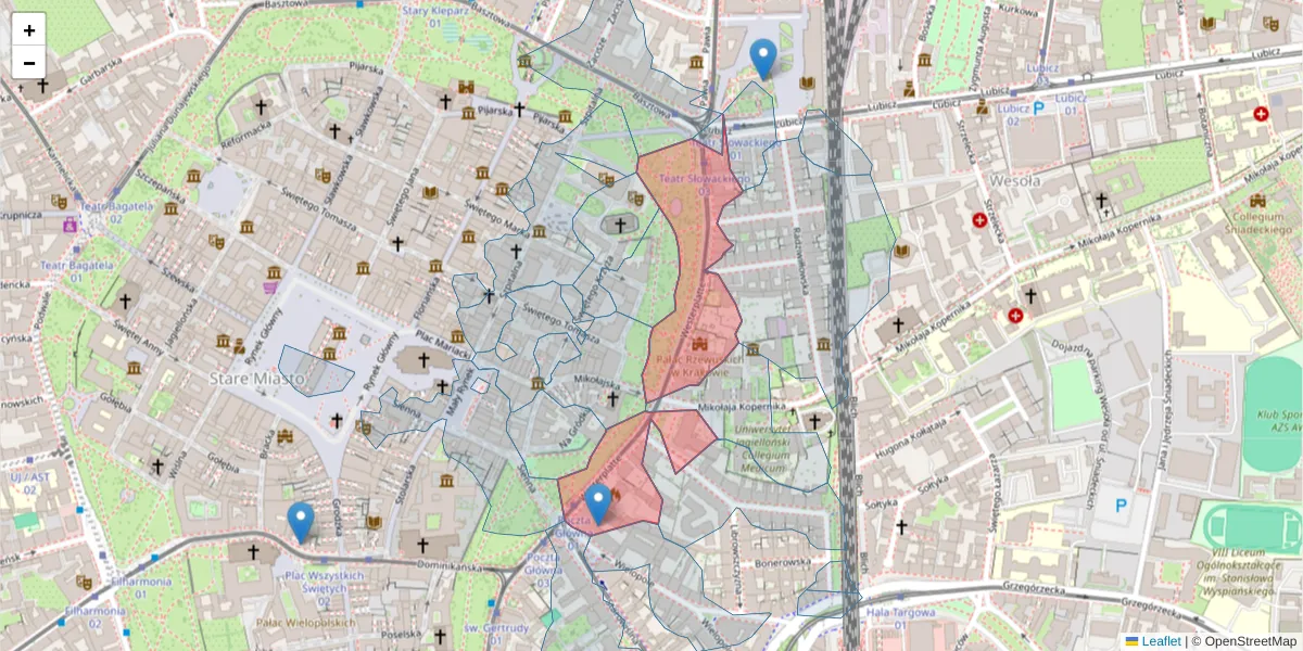 Szczegółowa mapa kodu pocztowego 31-033 z granicami, sąsiednimi kodami pocztowymi i urzędami pocztowymi
