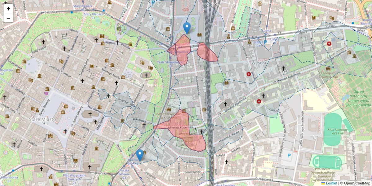 Szczegółowa mapa kodu pocztowego 31-034 z granicami, sąsiednimi kodami pocztowymi i urzędami pocztowymi