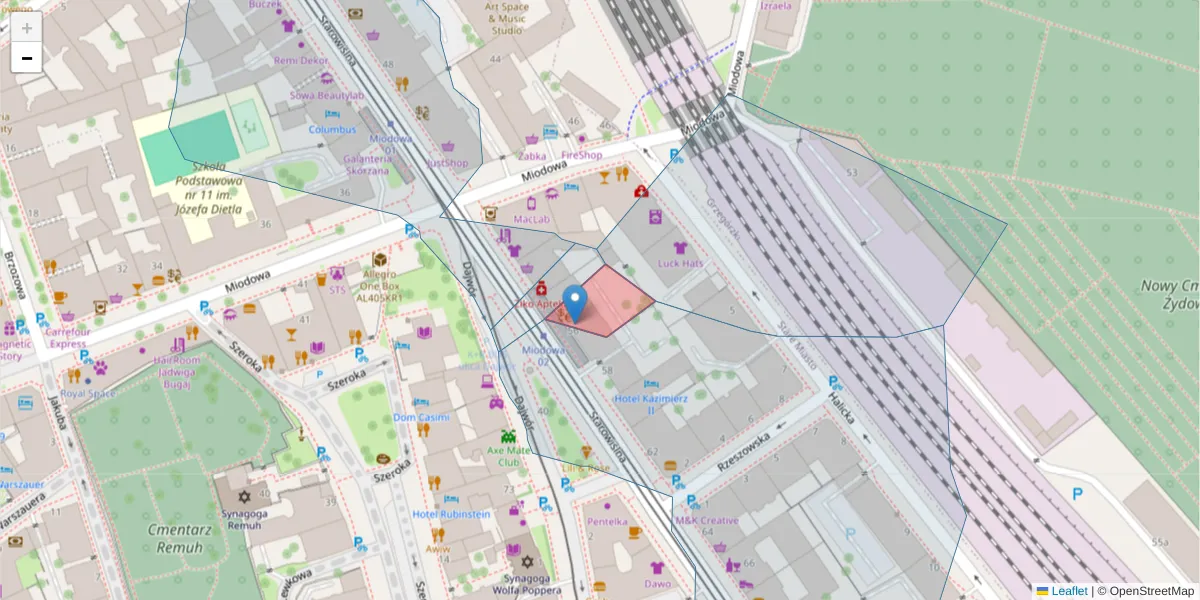 Szczegółowa mapa kodu pocztowego 31-037 z granicami, sąsiednimi kodami pocztowymi i urzędami pocztowymi