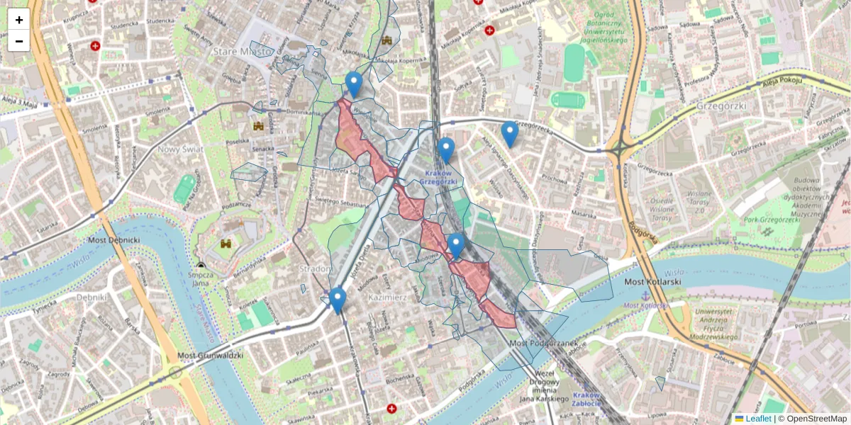 Szczegółowa mapa kodu pocztowego 31-038 z granicami, sąsiednimi kodami pocztowymi i urzędami pocztowymi