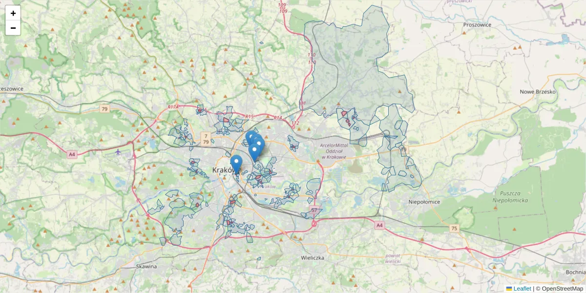 Szczegółowa mapa kodu pocztowego 31-045 z granicami, sąsiednimi kodami pocztowymi i urzędami pocztowymi