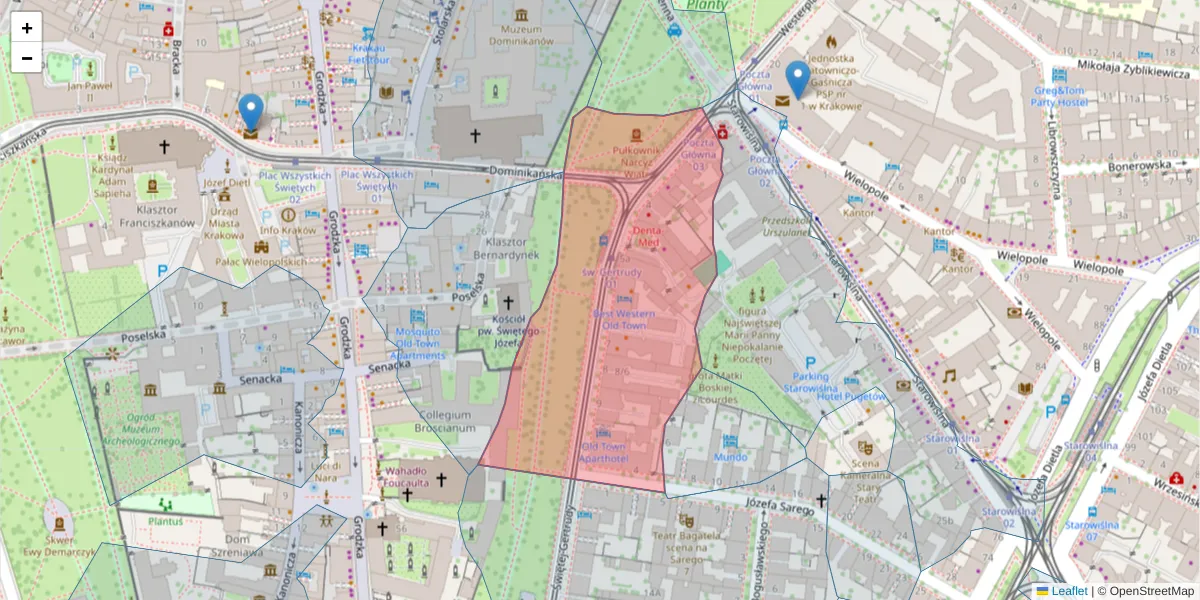 Szczegółowa mapa kodu pocztowego 31-046 z granicami, sąsiednimi kodami pocztowymi i urzędami pocztowymi