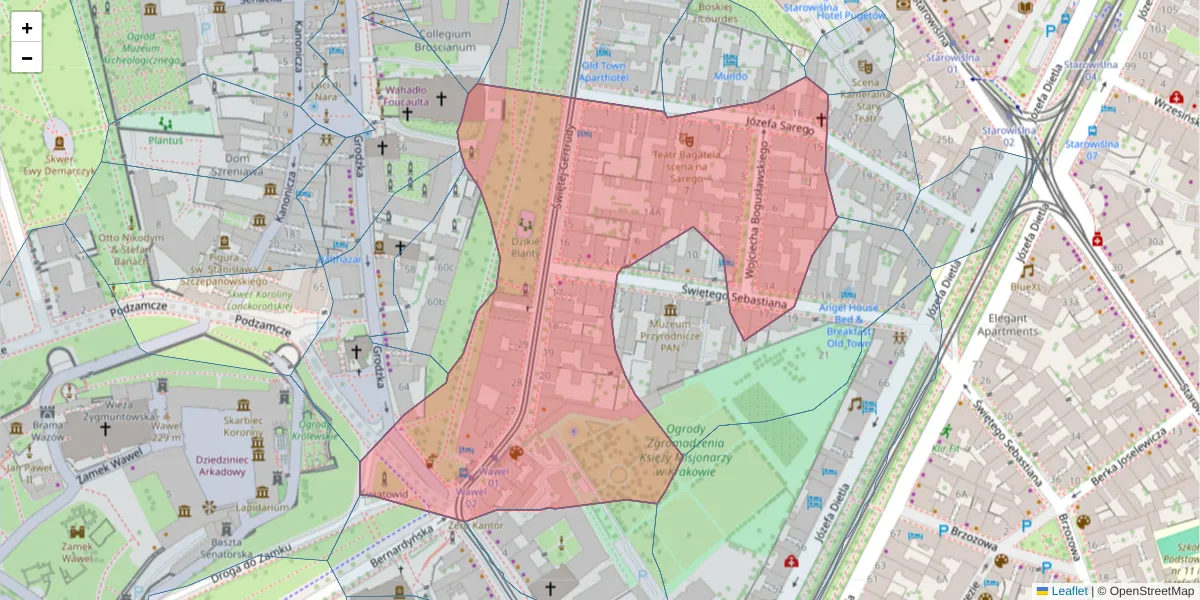Szczegółowa mapa kodu pocztowego 31-048 z granicami, sąsiednimi kodami pocztowymi i urzędami pocztowymi