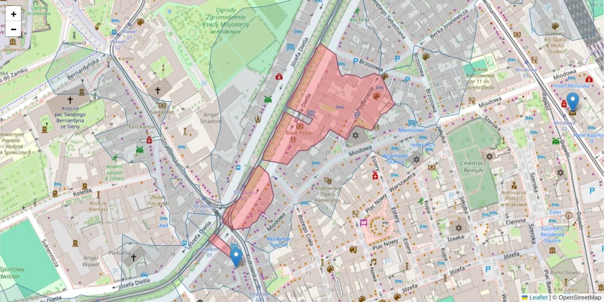 Szczegółowa mapa kodu pocztowego 31-054 z granicami, sąsiednimi kodami pocztowymi i urzędami pocztowymi