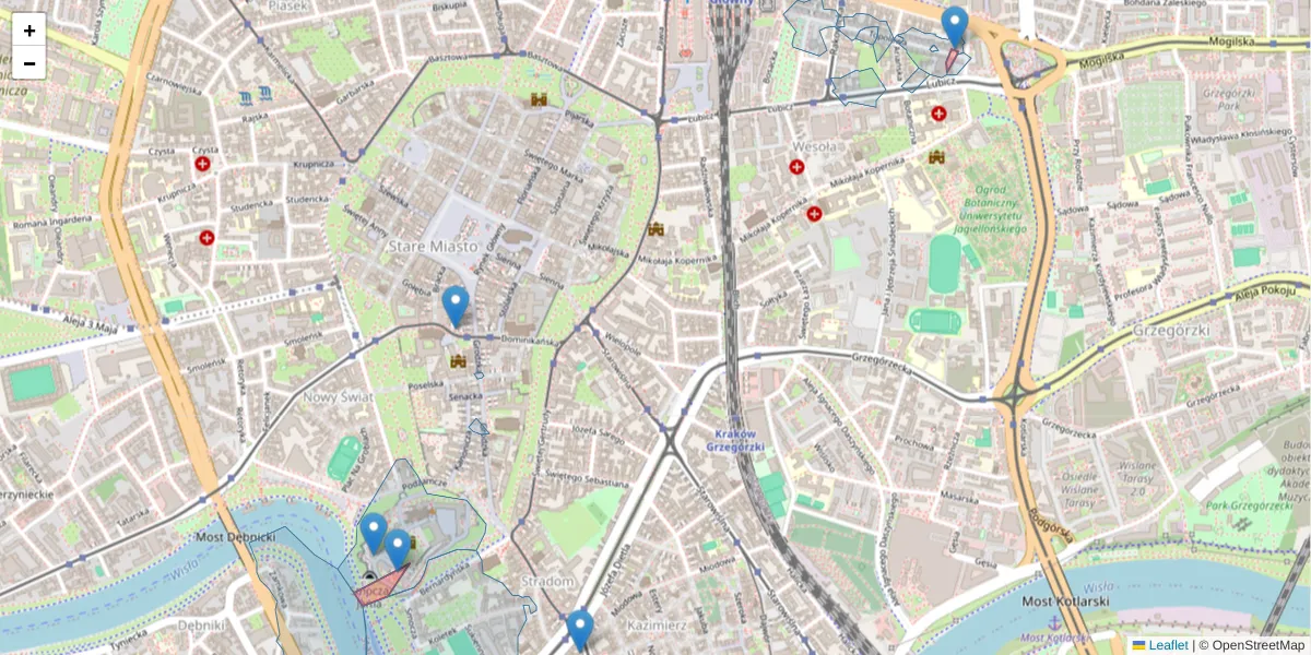 Szczegółowa mapa kodu pocztowego 31-075 z granicami, sąsiednimi kodami pocztowymi i urzędami pocztowymi