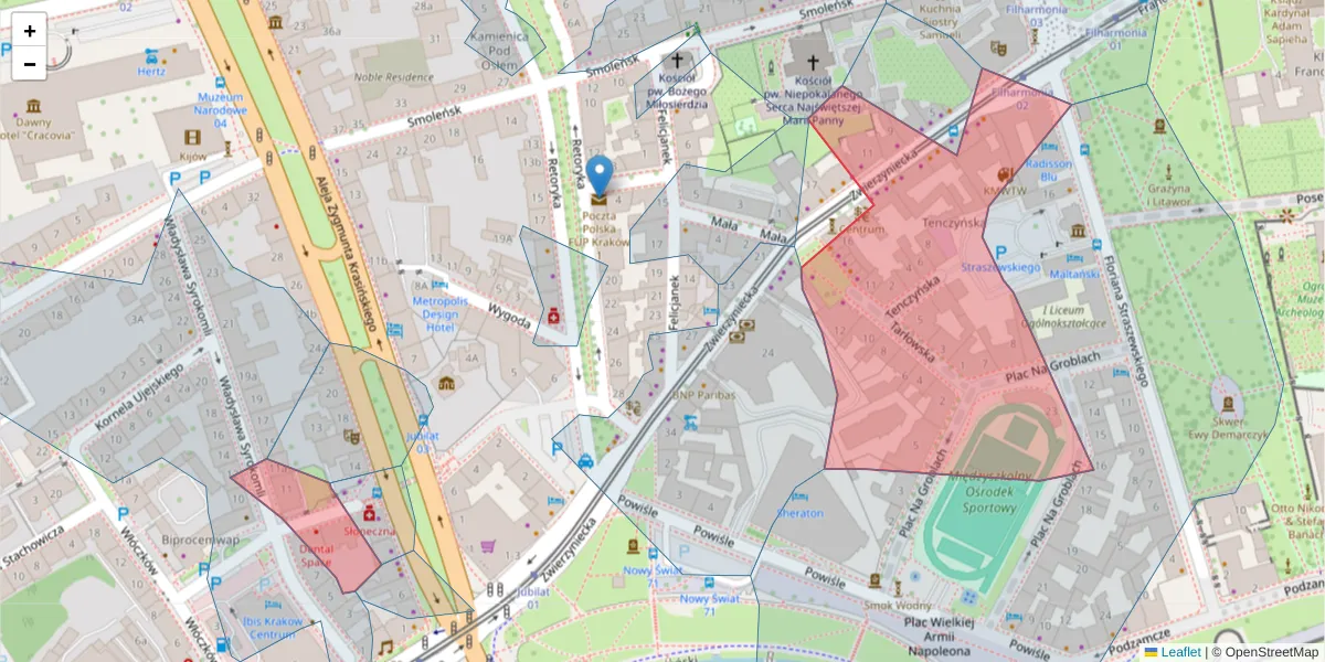 Szczegółowa mapa kodu pocztowego 31-102 z granicami, sąsiednimi kodami pocztowymi i urzędami pocztowymi