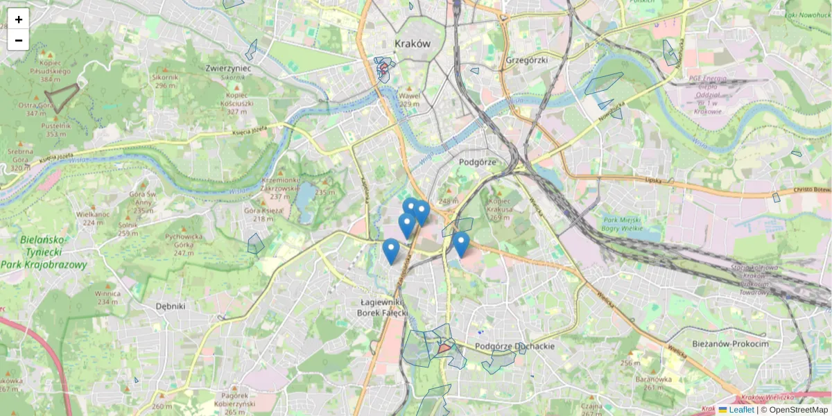 Szczegółowa mapa kodu pocztowego 31-104 z granicami, sąsiednimi kodami pocztowymi i urzędami pocztowymi