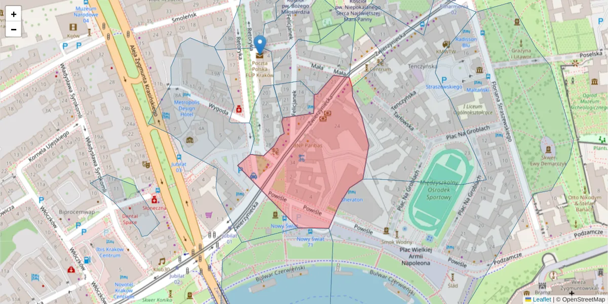 Szczegółowa mapa kodu pocztowego 31-105 z granicami, sąsiednimi kodami pocztowymi i urzędami pocztowymi