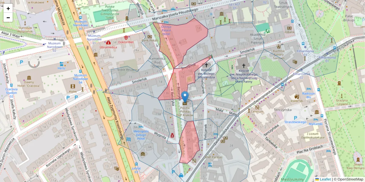 Szczegółowa mapa kodu pocztowego 31-107 z granicami, sąsiednimi kodami pocztowymi i urzędami pocztowymi