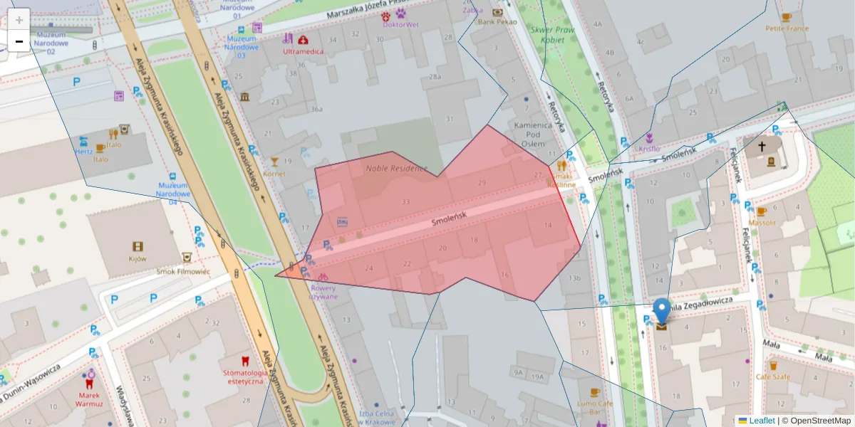 Szczegółowa mapa kodu pocztowego 31-112 z granicami, sąsiednimi kodami pocztowymi i urzędami pocztowymi