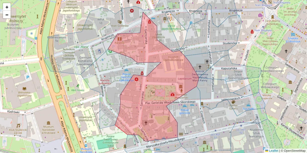 Szczegółowa mapa kodu pocztowego 31-115 z granicami, sąsiednimi kodami pocztowymi i urzędami pocztowymi