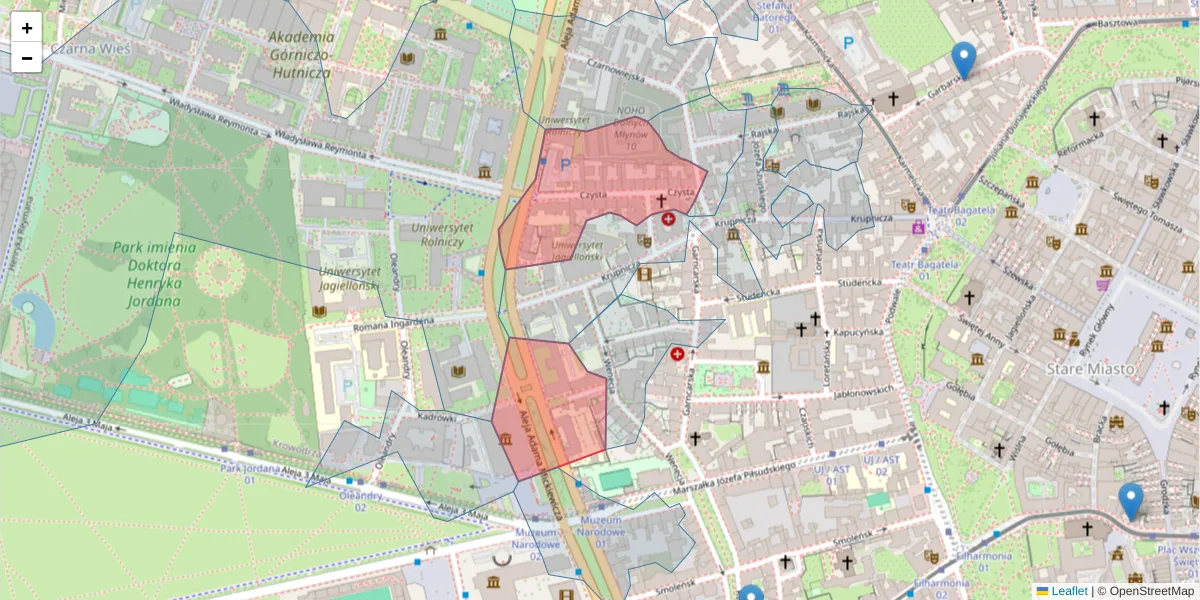 Szczegółowa mapa kodu pocztowego 31-121 z granicami, sąsiednimi kodami pocztowymi i urzędami pocztowymi