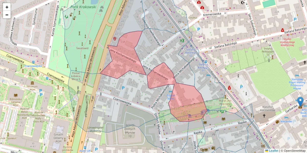 Szczegółowa mapa kodu pocztowego 31-127 z granicami, sąsiednimi kodami pocztowymi i urzędami pocztowymi
