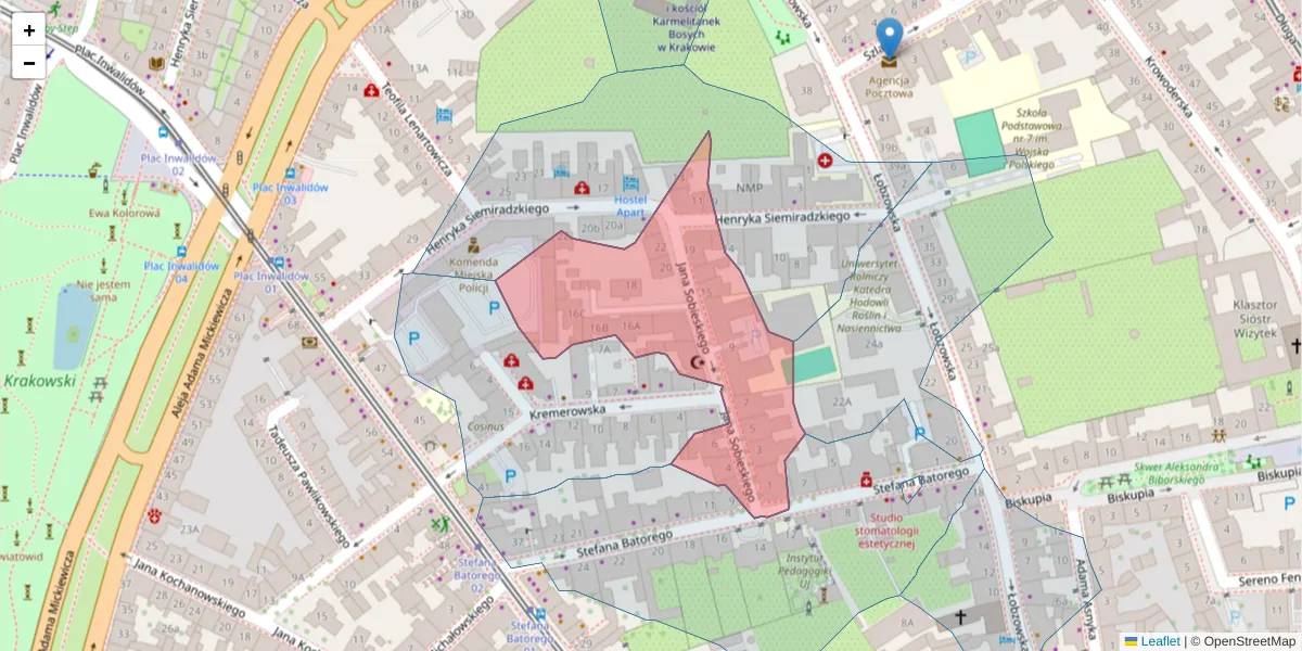 Szczegółowa mapa kodu pocztowego 31-136 z granicami, sąsiednimi kodami pocztowymi i urzędami pocztowymi