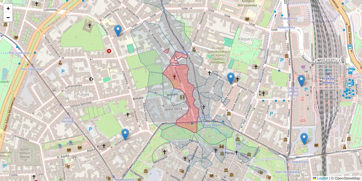 Szczegółowa mapa kodu pocztowego 31-141 z granicami, sąsiednimi kodami pocztowymi i urzędami pocztowymi