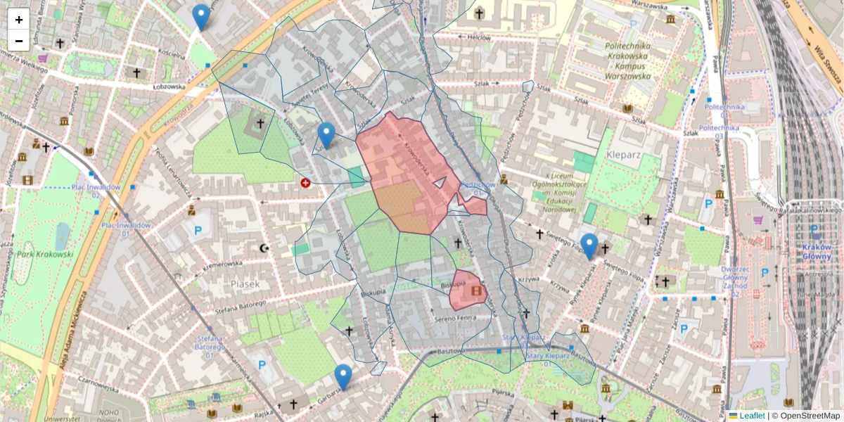 Szczegółowa mapa kodu pocztowego 31-142 z granicami, sąsiednimi kodami pocztowymi i urzędami pocztowymi