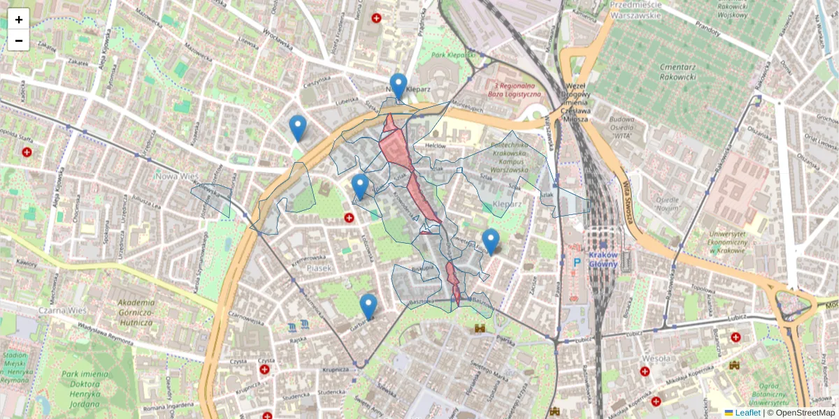 Szczegółowa mapa kodu pocztowego 31-146 z granicami, sąsiednimi kodami pocztowymi i urzędami pocztowymi