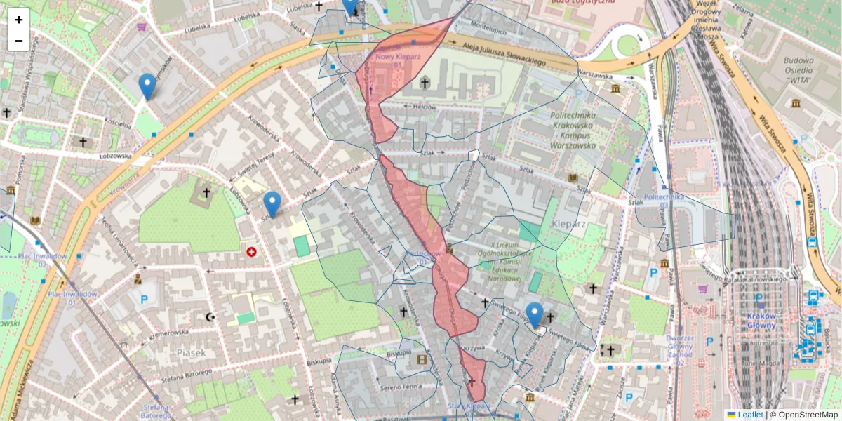 Szczegółowa mapa kodu pocztowego 31-147 z granicami, sąsiednimi kodami pocztowymi i urzędami pocztowymi